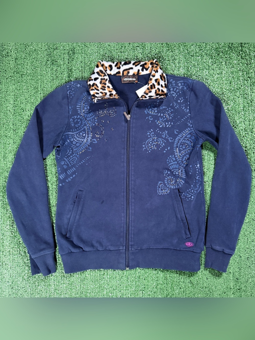Y2K Womens Billcee Paisley Rhinestone Zip Up Jacket XS Leopard Fleece Collar